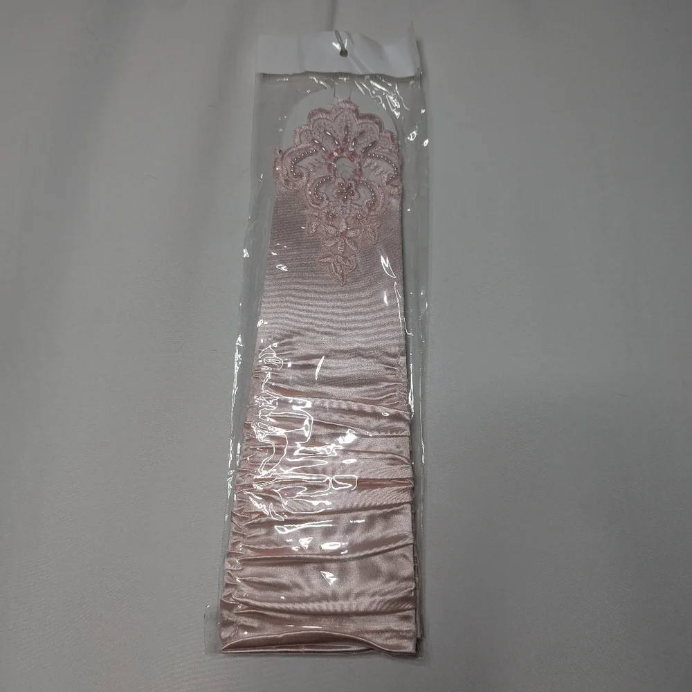 New Womens Light Pale Pink Satin Beaded Embroidered Fingerless Gloves One Size